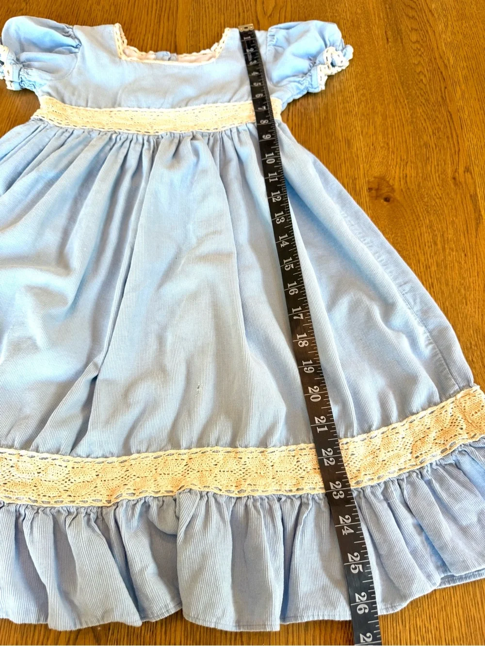 Smockingbird Girls Blue Cotton Lace Dress Puff Sleeve Ruffle Size 5